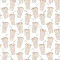 Vector seamless pattern with coffee to go cups with drinking straws and coffee beans inside. Beige and white repeatable background.