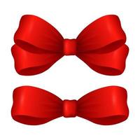 Set of red bows. Two red bows on a white background for festive decoration. Red silk ribbon tied into a beautiful bow. Vector illustration.