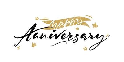 Happy Anniversary card. Beautiful greeting banner poster calligraphy inscription black text word gold ribbon. Hand drawn design. vector