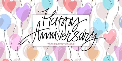 Happy Anniversary to the lovely couple horizontal card. Greeting template with lettering and balloons seamless pattern. vector