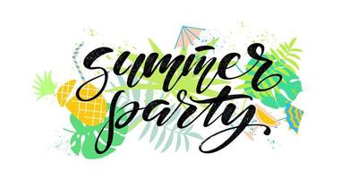 Lettering with phrase summer party and hand drawn items on the background. Modern script for cards, banners, posters. vector