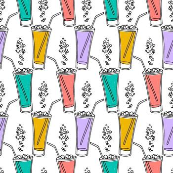 Hand drawn seamless pattern with icy glasses with straws and bubbles. Colorful background. vector