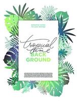 Vector tropical vertical banner with texts. Floral background with various palm leaves. Jungle summer template for posters, invitations, ads, marketing materials
