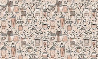 Vector hand drawn seamless pattern. Various cups sketch style drawn background with sugar, spoons, bubbles and coffee beans. Hand drawn linear graphic backdrop.