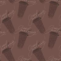 Vector seamless pattern with hand written good morning words and coffee to go cups with drinking straws and coffee beans inside. Brown color coffee theme background.