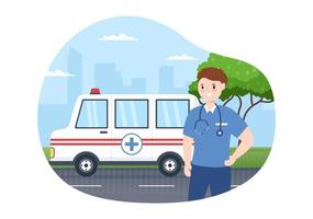 Medical Vehicle Ambulance Car or Emergency Service for Pick Up Patient the Injured in an Accident in Flat Cartoon Hand Drawn Templates Illustration vector