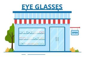 tienda de anteojos o tienda óptica con accesorios, óptico, control de visión y anteojos en dibujos animados planos dibujados a mano ilustración de plantillas vector