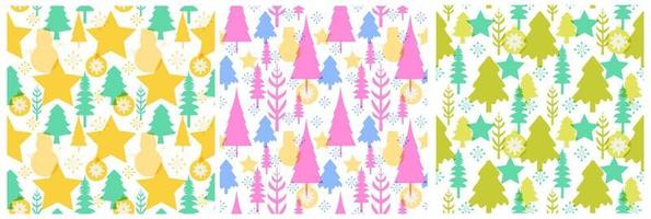 Set of Christmas Background Seamless Pattern Design With Santa Claus, Tree, Snowman And Gifts in Template Hand Drawn Cartoon Flat Illustration vector