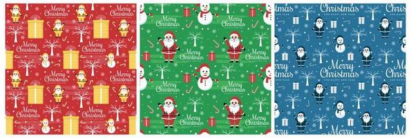 Set of Christmas Background Seamless Pattern Design With Santa Claus, Tree, Snowman And Gifts in Template Hand Drawn Cartoon Flat Illustration vector