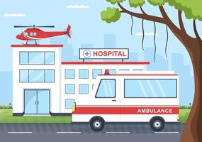 Medical Vehicle Ambulance Car or Emergency Service for Pick Up Patient the Injured in an Accident in Flat Cartoon Hand Drawn Templates Illustration vector