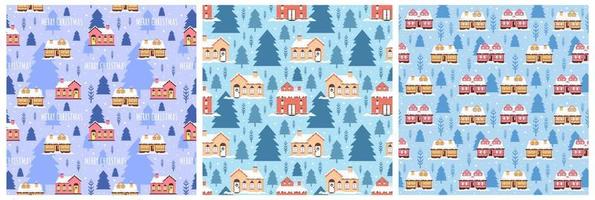 Set of Christmas Background Seamless Pattern Design With Santa Claus, Tree, Snowman And Gifts in Template Hand Drawn Cartoon Flat Illustration vector