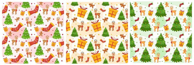 Set of Christmas Background Seamless Pattern Design With Santa Claus, Tree, Snowman And Gifts in Template Hand Drawn Cartoon Flat Illustration
