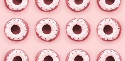 muchos pequeños donuts de plástico se encuentran sobre un fondo de colores pastel. patrón mínimo plano. vista superior foto