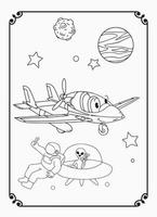 linda página para colorear de avión divertido y feliz con espacio y galaxia para niños vector