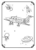 Cute Funny And Happy Airplane With Space And Galaxy Coloring Page For Kids vector