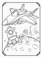 linda página para colorear de avión divertido y feliz con espacio y galaxia para niños vector