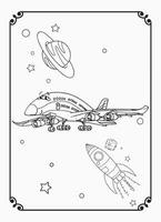 linda página para colorear de avión divertido y feliz con espacio y galaxia para niños vector