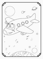 Cute Funny And Happy Airplane With Space And Galaxy Coloring Page For Kids vector