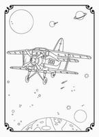 Cute Funny And Happy Airplane With Space And Galaxy Coloring Page For Kids vector