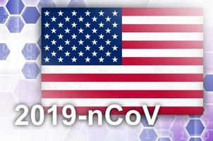 bandera de los estados unidos de américa y composición abstracta digital futurista con inscripción 2019-ncov. concepto de brote de covid-19 foto