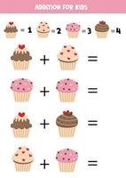 Addition for kids with cute cupcakes or muffins. vector