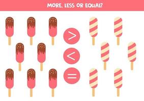 More, less or equal with cartoon ice creams. vector