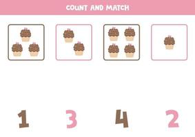 Counting game for kids. Count all cupcakes and match with numbers. Worksheet for children. vector