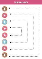 Tracing lines for kids. cute colorful donuts. Writing practice. vector