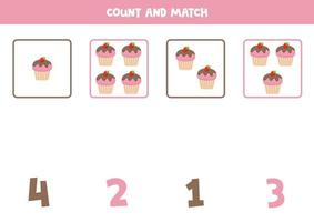 Counting game for kids. Count all pink cupcakes and match with numbers. Worksheet for children. vector