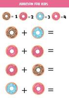 Addition for kids with cute colorful donuts. vector