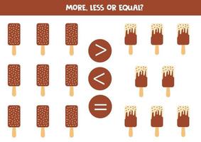 More, less or equal with cartoon ice creams. vector