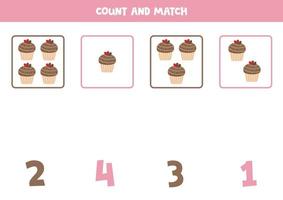 Counting game for kids. Count all cupcakes and match with numbers. Worksheet for children. vector