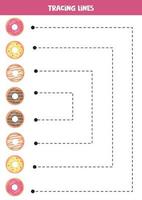 Tracing lines for kids. cute colorful donuts. Writing practice. vector