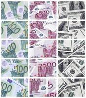 un collage de muchas imágenes de billetes en euros en denominaciones de 100 y 500 euros tirados en el montón foto