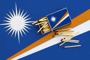 Marshall Islands flag is shown on an open matchbox, from which several matches fall and lies on a large flag photo