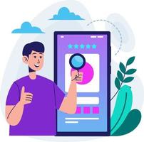 Man Looking For Something On Smartphone With Magnifying Glass In Hand Flat Style Illustration vector