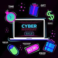 Cyber Monday Item Discount with Neon Design mouse coupon prize currency clock. vector