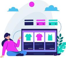 las mujeres eligen ropa en una tienda en línea en una computadora portátil con opciones de pago ilustración plana vector