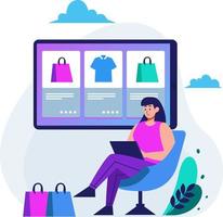 mujer comprando en la tienda en línea en la pestaña con sentarse relajarse ilustración plana vector