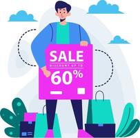 Man carrying Discount Signboard with Ornament of Groceries with Cardboard Shopping Bag Flat Illustration vector