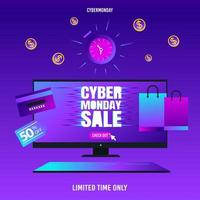 hora de venta de lunes cibernético pantalla de computadora compras en línea color neón vector