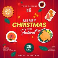 cartel de navidad evento invitación tarjeta de felicitación redes sociales con varios alimentos vector ilustración fondo rojo