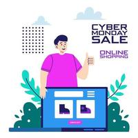 Flat Illustration Man Online Shopping on Laptop in Cyber Monday Sale vector