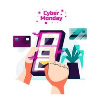 Cyber Monday compras en línea compras con los dedos en la pantalla del teléfono con tarjeta de crédito vector