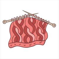 Vector color illustration of a sample of a knitted pattern on knitting needles. Knitting hobby handmade