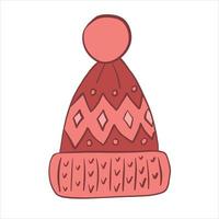 Color vector illustration. Warm knitted winter hat with patterns, lapel and pompom.