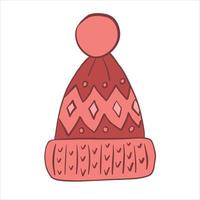 Color vector illustration. Warm knitted winter hat with patterns, lapel and pompom.