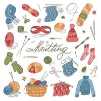 Set vector illustration elements isolated on white. Knitting tools, yarn, wools, knitting needles. Handmade knitwear and hobby concept.