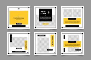 editable social media post layout for black and yellow background color with rectangle line shape. fashion sale promotion arrival square post web internet ads. discount fashion sale bundle set vector