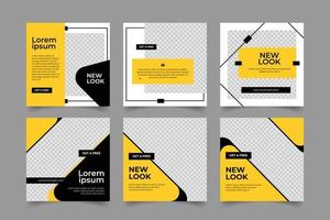 editable social media post layout for black and yellow background color with rectangle line shape. fashion sale promotion arrival square post web internet ads. discount fashion sale bundle set vector